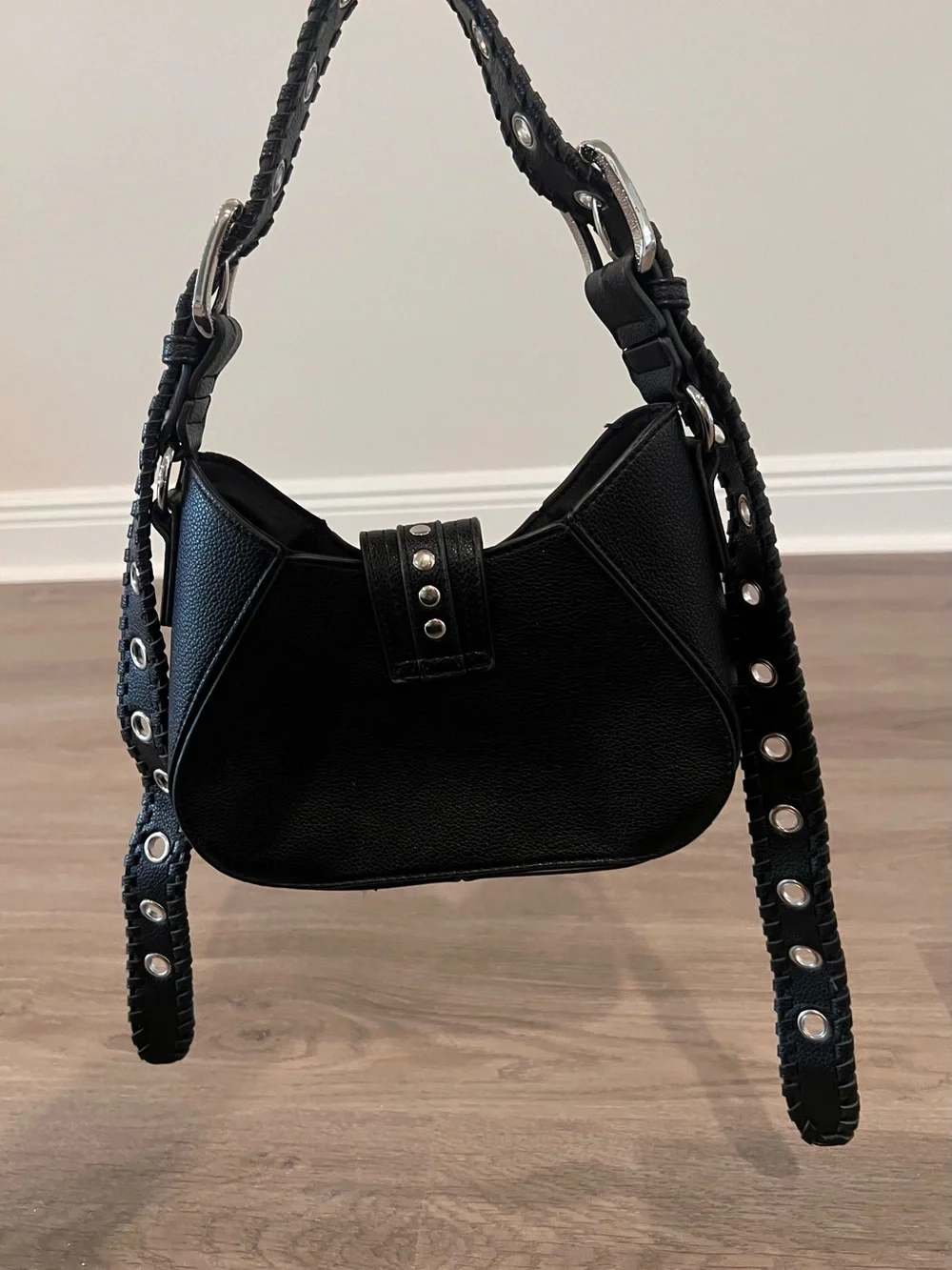 Urban Outfitters Black Studded Leather Shoulder Bag with Grommet Strap